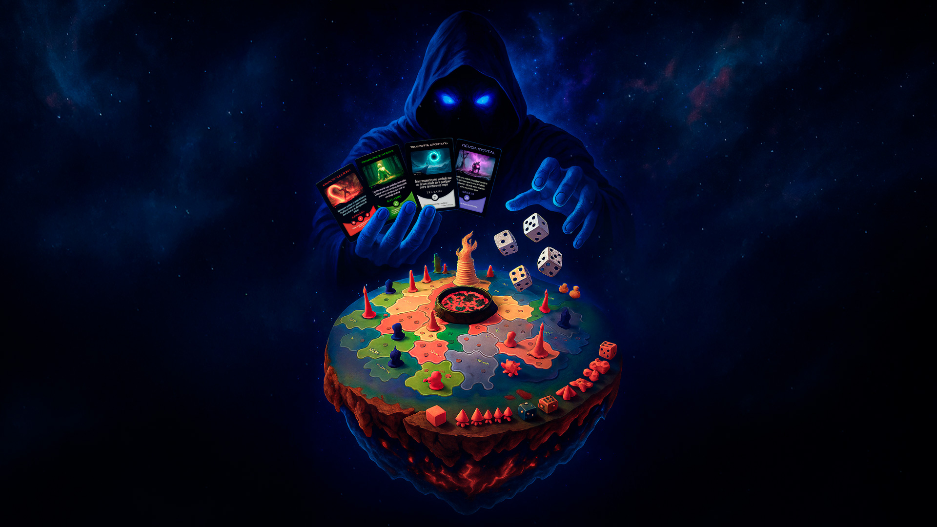 Capa do jogo de tabuleiro Planeta Insano com personagem segurando cartas e jogando dados sobre o planeta repleto de unidades de massinha de modelar